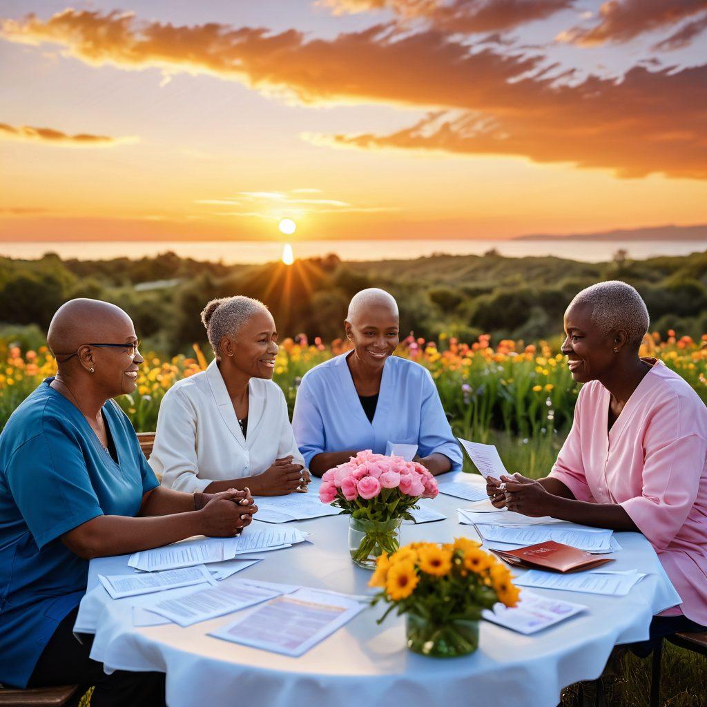A serene and hopeful landscape featuring a diverse group of cancer patients and caregivers engaging in a vibrant discussion around a table filled with treatment pamphlets, flowers symbolizing hope, and an inspiring sunset in the background. The atmosphere is warm and supportive, reflecting community and healing. super-realistic. vibrant colors. soft focus.