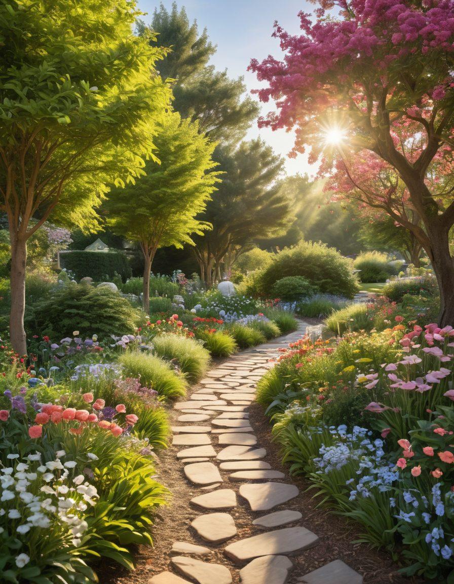 A serene and hopeful landscape illustrating a winding path through a lush garden, symbolizing the cancer journey. Along the path, diverse groups of patients and caregivers connect and support each other, surrounded by symbols of awareness like ribbons and hearts. Include elements depicting treatment options like pills, flowers, and soothing light. The sky is bright, with warm sunlight filtering through trees, creating an inviting atmosphere. vibrant colors. super-realistic.